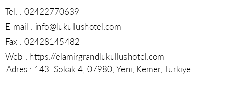 Elamir Grand Lukullus Hotel telefon numaralar, faks, e-mail, posta adresi ve iletiim bilgileri